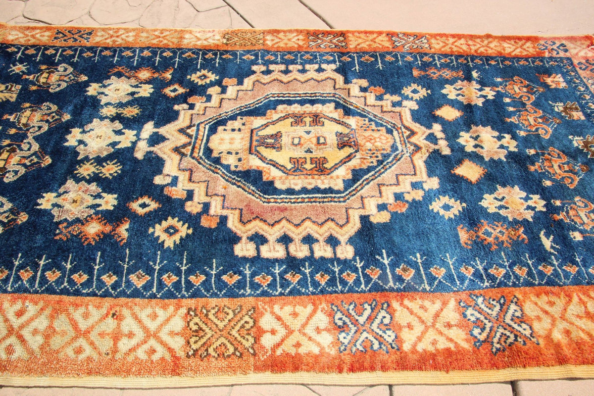 1960s Vintage Moroccan Tribal Rug by Berber Artisans, Indigo & Orange
