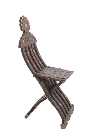 Antique Egyptian Moorish Carved Walnut Mother-of-Pearl Inlaid Folding Chair