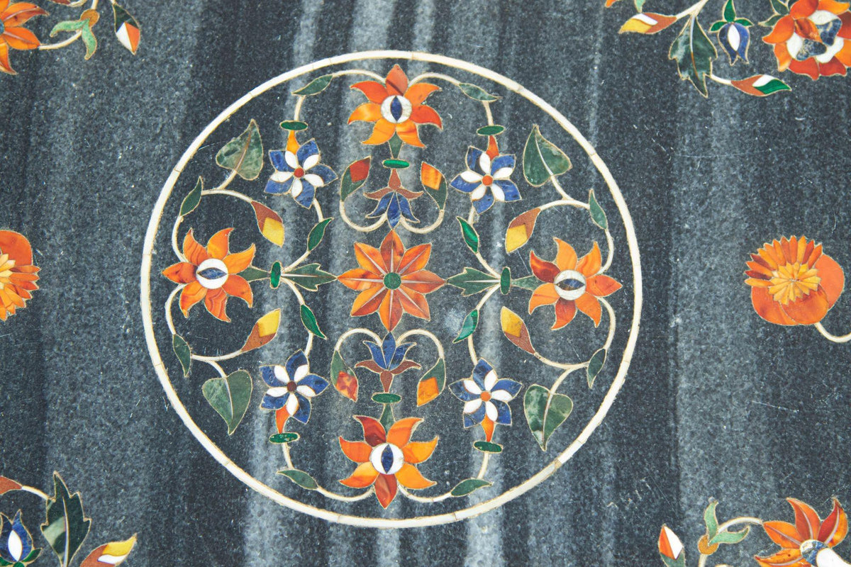 Mughal Rajasthani Black Marble Inlay Pietra Dura Table Top India — India