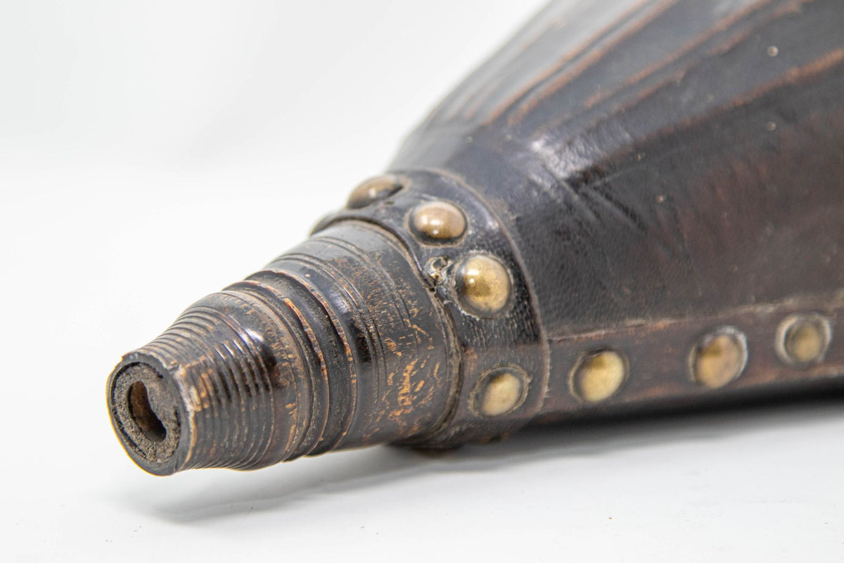 Antique Moroccan Carved Wood and Tooled Leather Powder Flask, 19th Century