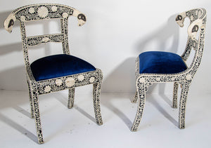 Antique Anglo-Indian Side Chairs with Ram's Head Bone Inlay Royal Blue Seat Pair