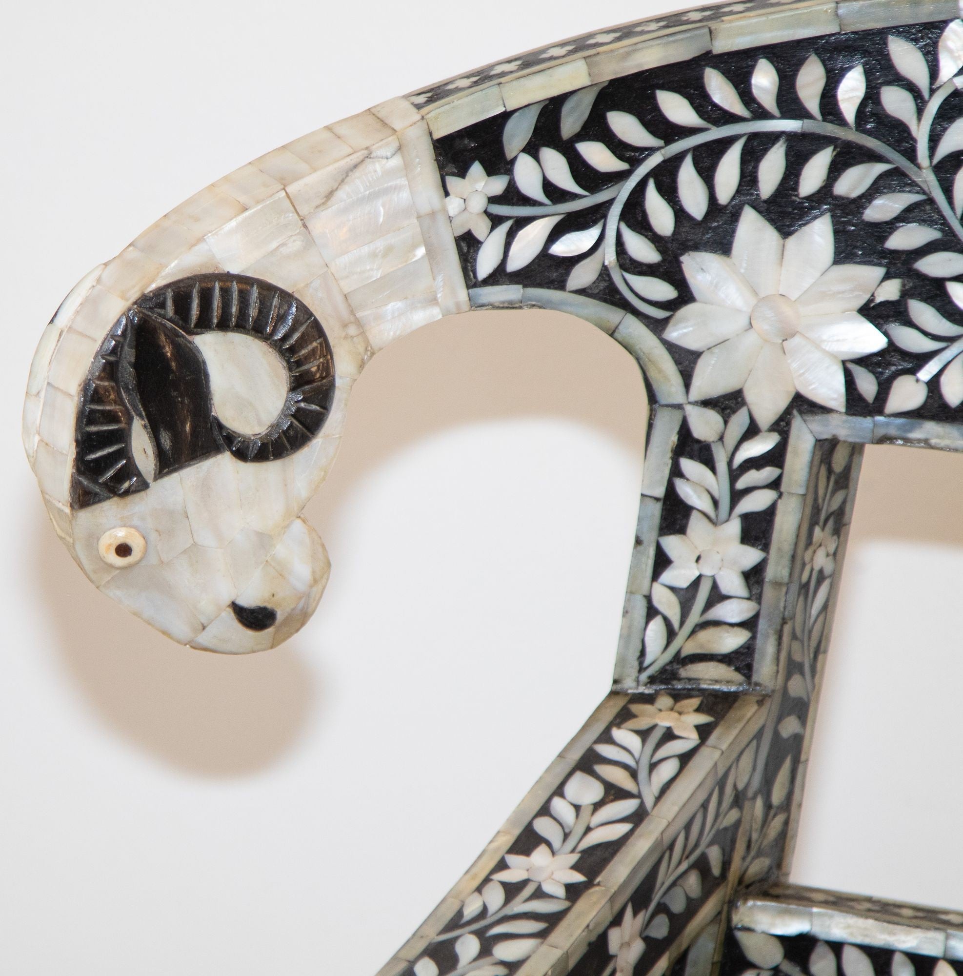 Anglo-Indian Mughal Mother of Pearl Inlaid Klismos Armchair with Ram Head 1 of 2