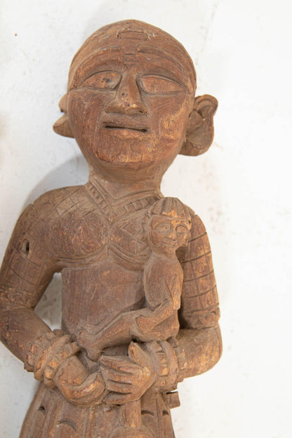Antique Architectural Indian Carved Wood Temple Sculpture of Mother and Child — India