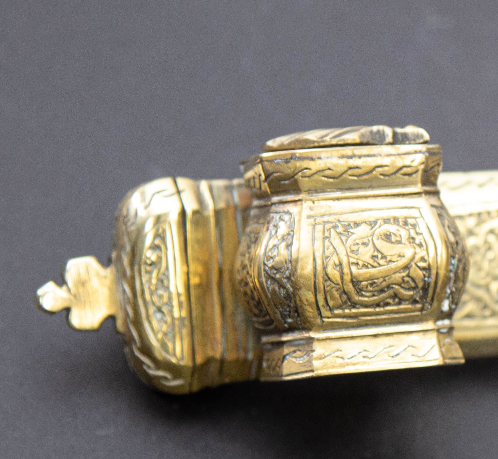Antique 19th C. Ottoman Turkish Brass Inkwell Qalamdan with Arabic Calligraphy Writing