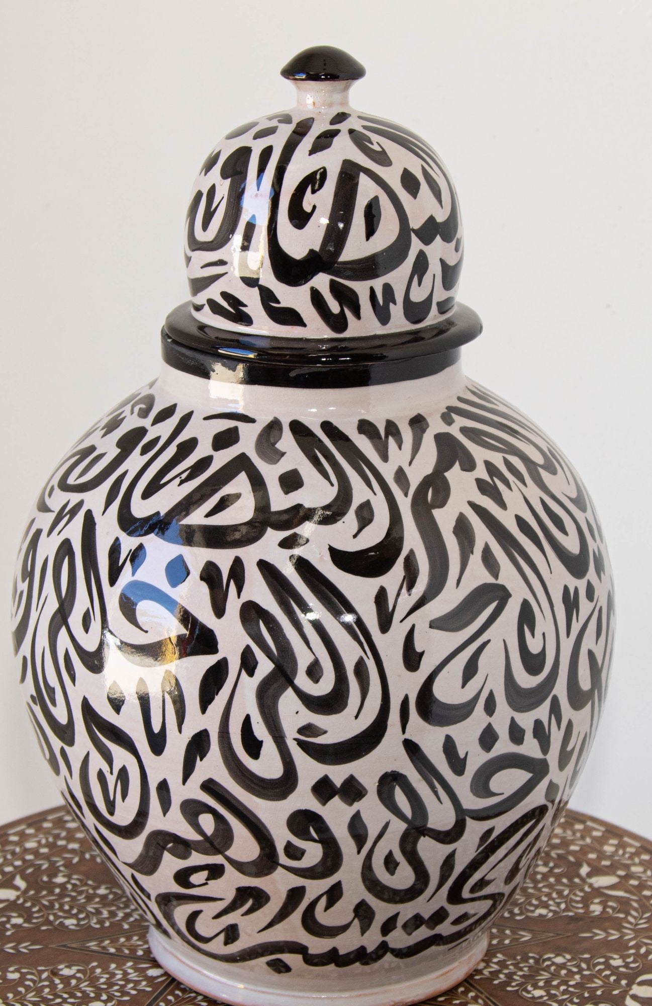 Moroccan Ceramic Lidded Urn with Arabic Calligraphy Black Writing, Fez