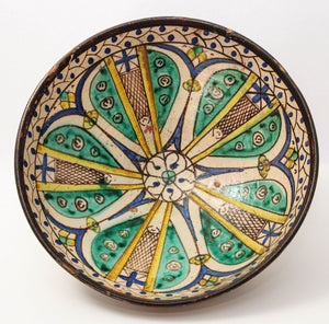 19th C. Moroccan Ceramic Bowl Polychrome Footed Dish Fez