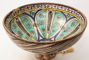 Antique 19th C. Moroccan Ceramic Bowl Polychrome Footed Dish Fez