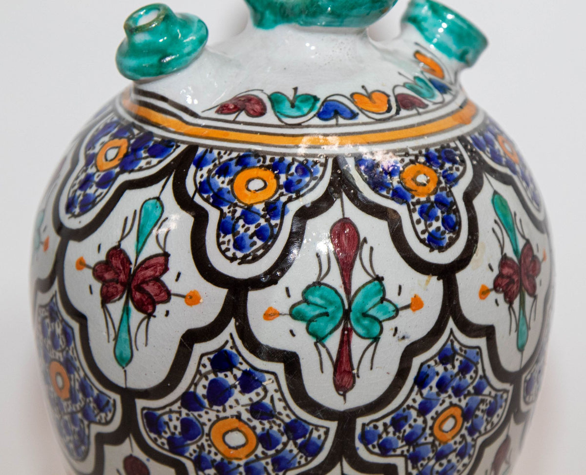 Vintage 1940s Moroccan Fez Polychrome Ceramic Water Moorish Hand-Painted Jug