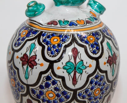 Vintage 1940s Moroccan Fez Polychrome Ceramic Water Moorish Hand-Painted Jug