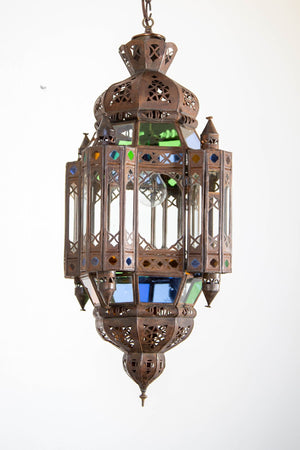 Vintage Moroccan Traditional Moorish Metal and Glass Lantern Ceiling Light