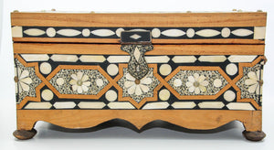 Moroccan Dowry Box Inlaid with White Camel Bone Rectangular Carved Wood Trunk