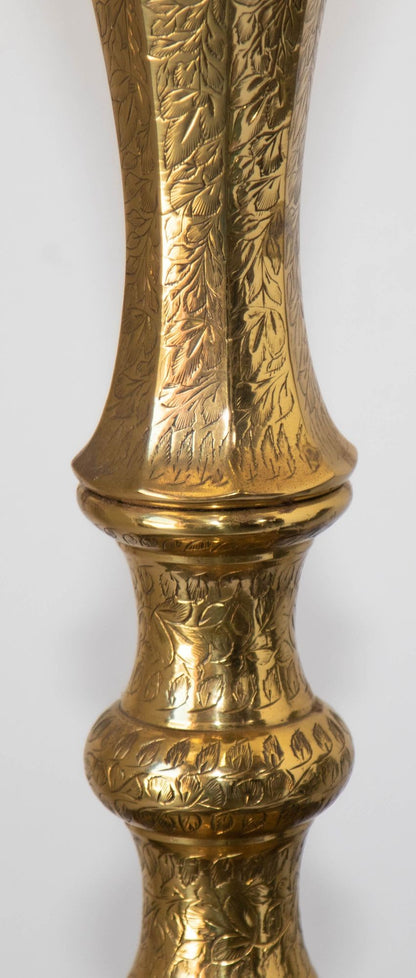 Vintage Polished Etched Solid Brass Candle Holder Table Lamp India