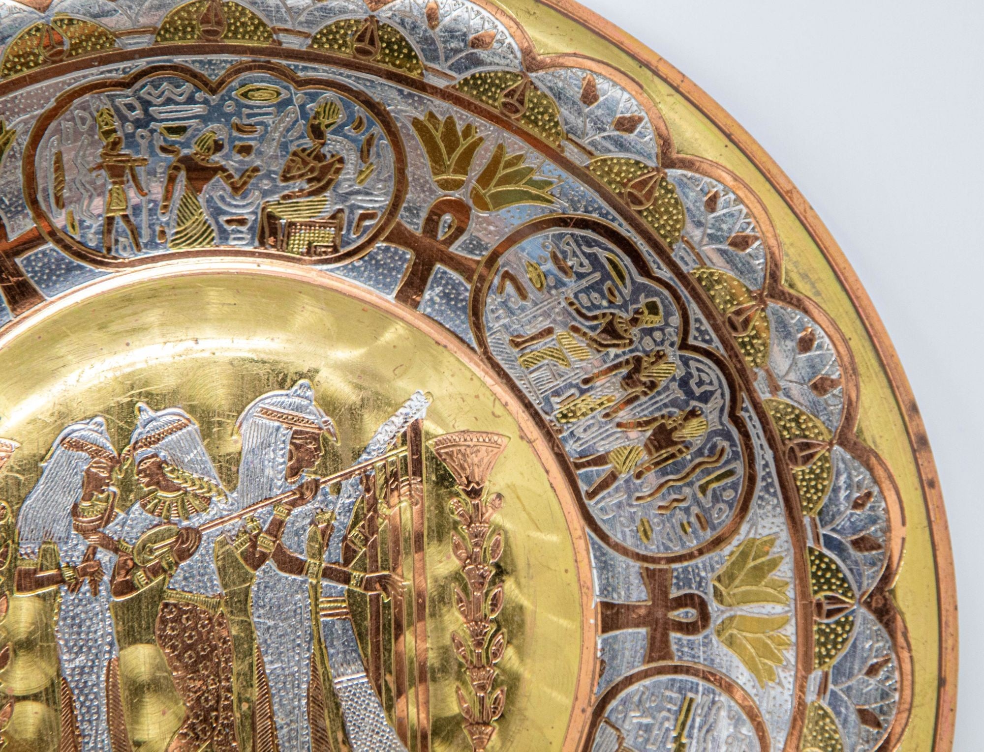 Egyptian Round Brass Tray with Silver and Copper Overlay Wall Hanging 1970