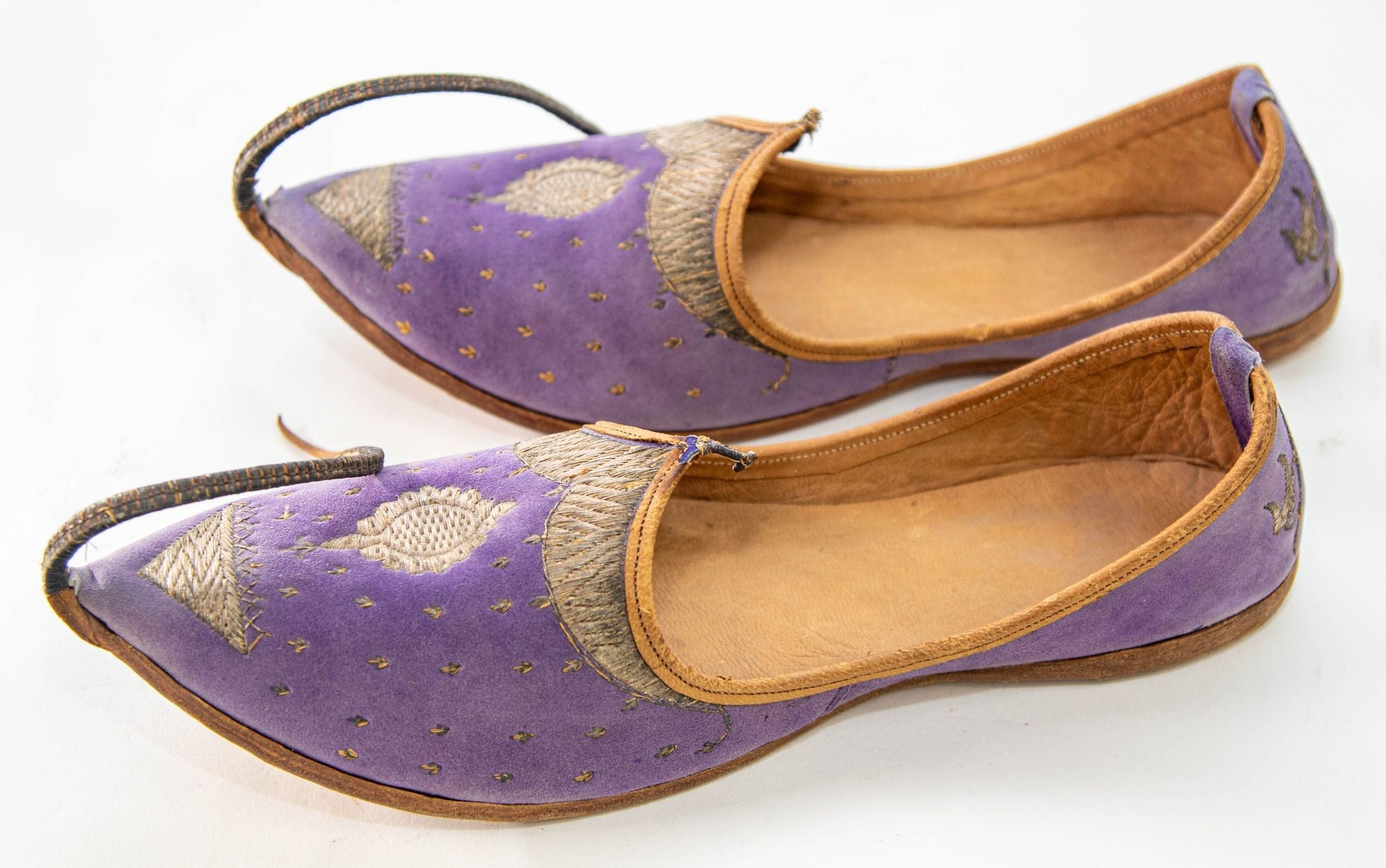 Antique Leather Purple Velvet Suede Mughal Raj Moorish Shoes Gold Embroidered