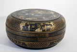 Large Chinese Export Round Black Lacquered Gilt Painted Covered Box 1950s