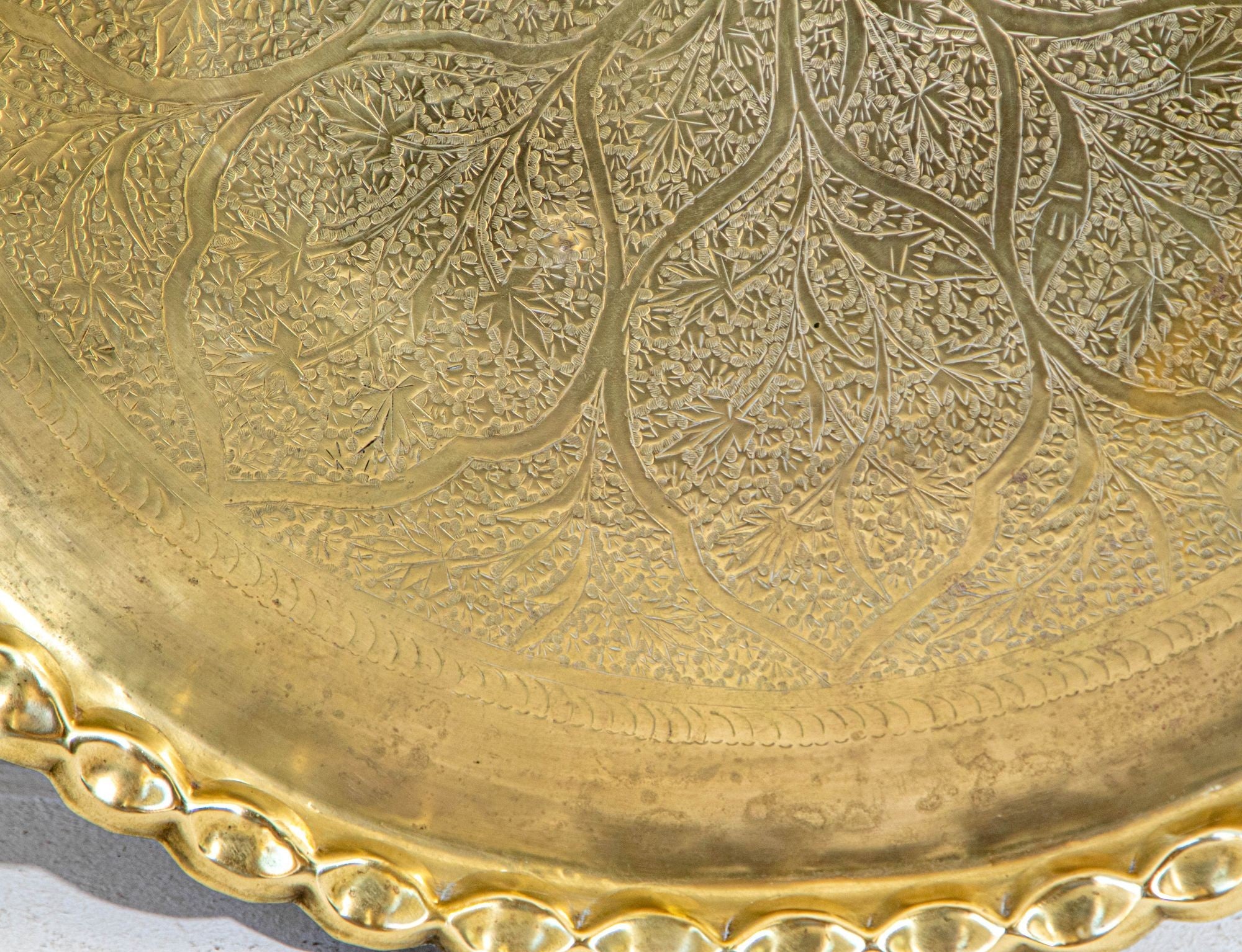 Antique Islamic Mughal Rajasthani Large Moorish Round Brass Tray with Crest Edges 30 in.