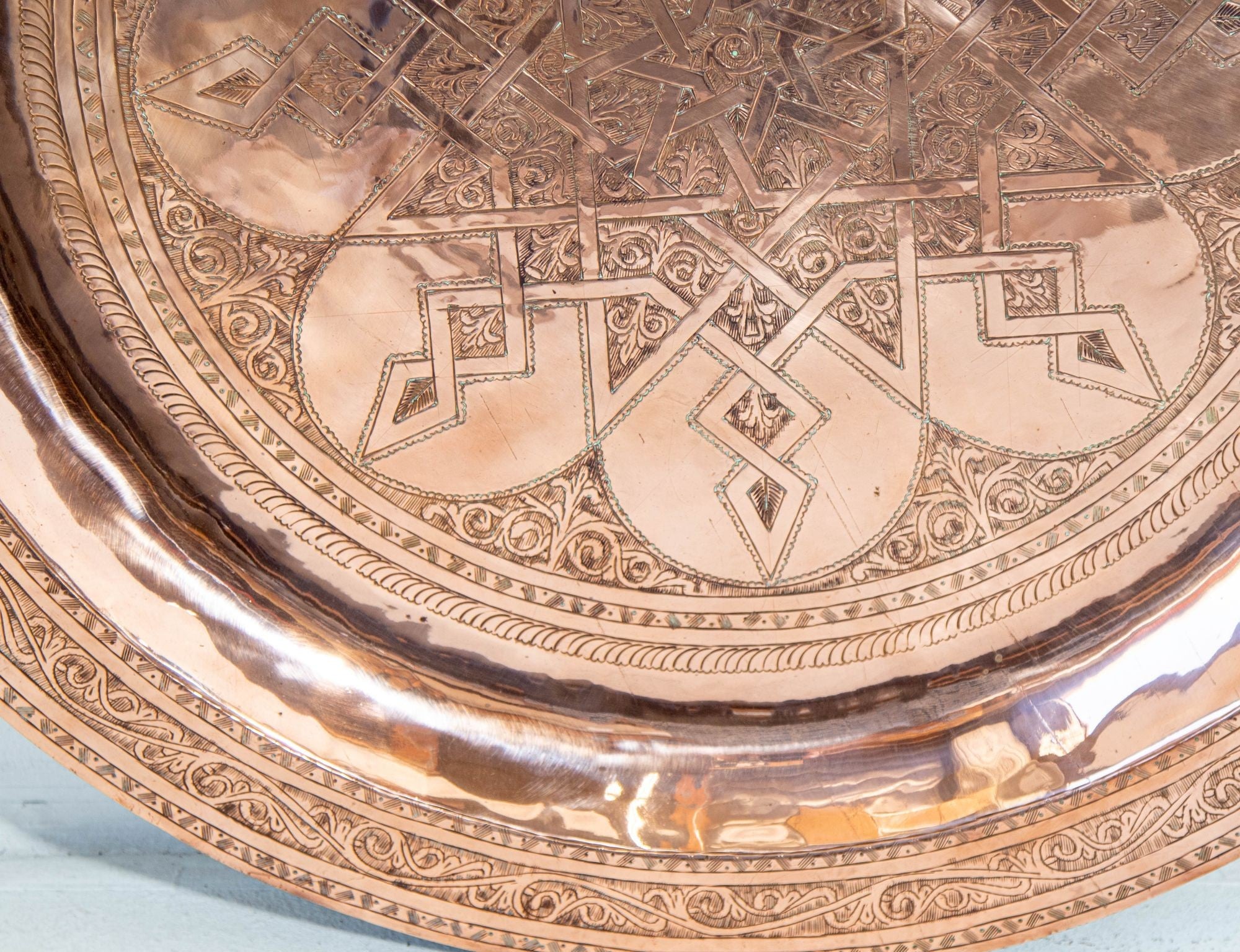 1920s Antique Hand Tooled Oversized Moroccan Metal Copper Tray 31 in. D.