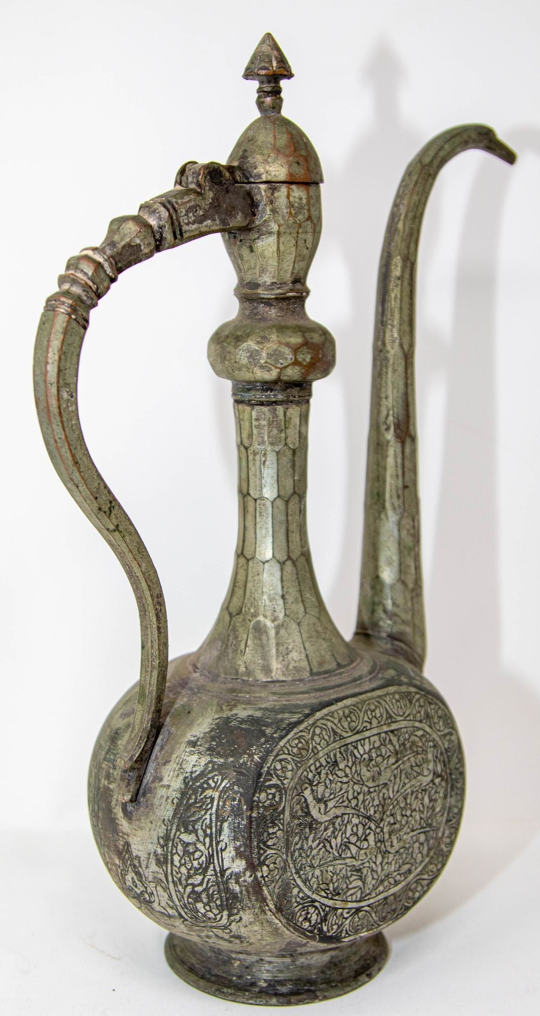 Antique Islamic Middle Eastern Qajar Persian Tinned Metal Ewer 19th Century