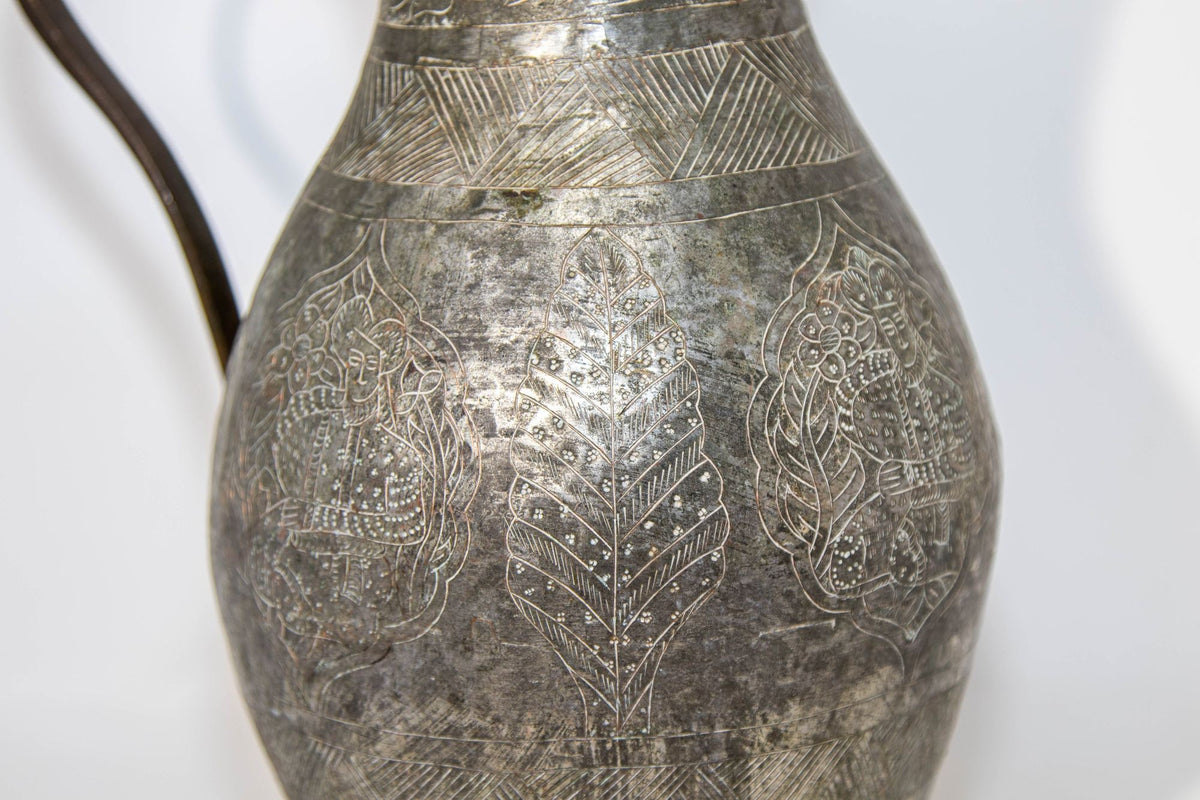 19th Century Persian Qajar Engraved Tinned Copper Ewer Pitcher