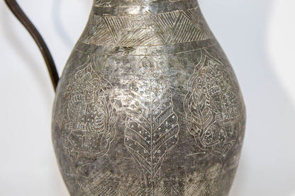 19th Century Persian Qajar Engraved Tinned Copper Ewer Pitcher