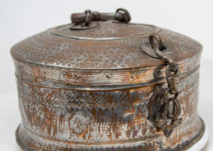 Antique South Asian Round Copper Bronze Box with Lid from India 19th C.