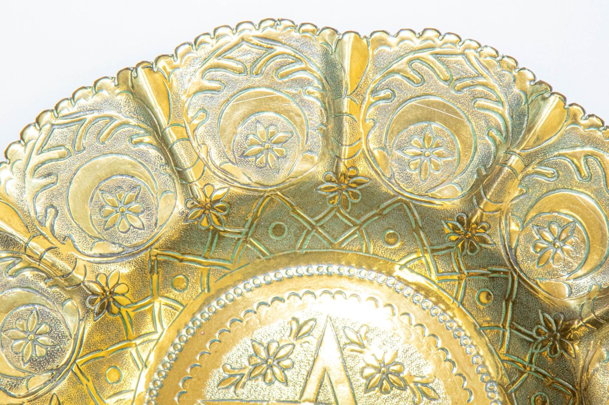 1950s Moroccan Brass Tray with Star and Moon Pattern 13 in. Diameter