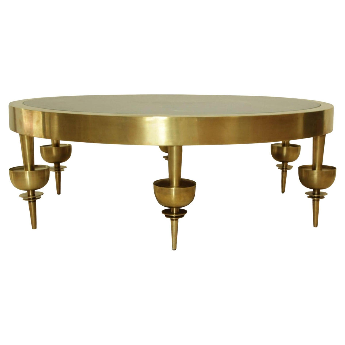 Custom Modernist Art Deco Polished Brass & Green Marble Round Coffee Table, 2010 — detail view 10