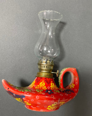 Aladdin style handmade red ceramic Turkish oil lamp