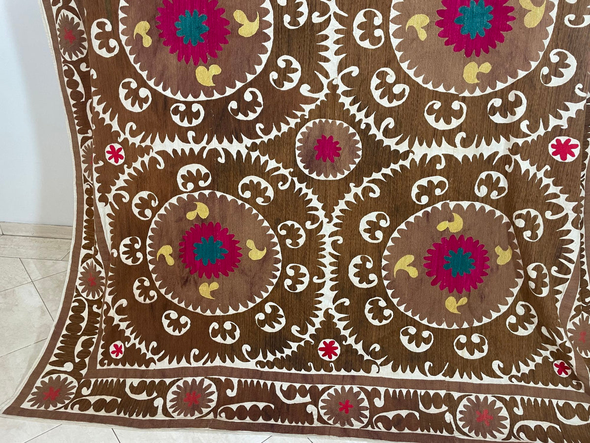 Vintage Embroidered Uzbekistan Suzani Tapestry Wall Hanging Brown and Pink XL