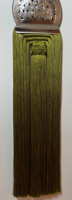 Large Moroccan Silk Handmade Tassel Passementerie Curtain Tieback in Olive Green