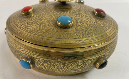 Vintage Moroccan Jewelled Trinket Brass Round Box with Beads