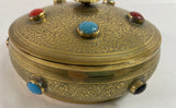 Vintage Moroccan Jewelled Trinket Brass Round Box with Beads