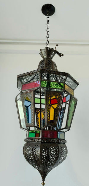Moroccan Moorish Large Hanging Light Fixture Colored Glass Lantern