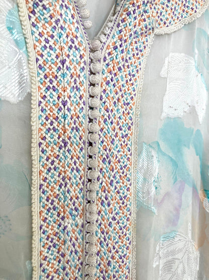 Vintage Moroccan Kaftan in Turquoise and Gold Floral Cheer Fabric