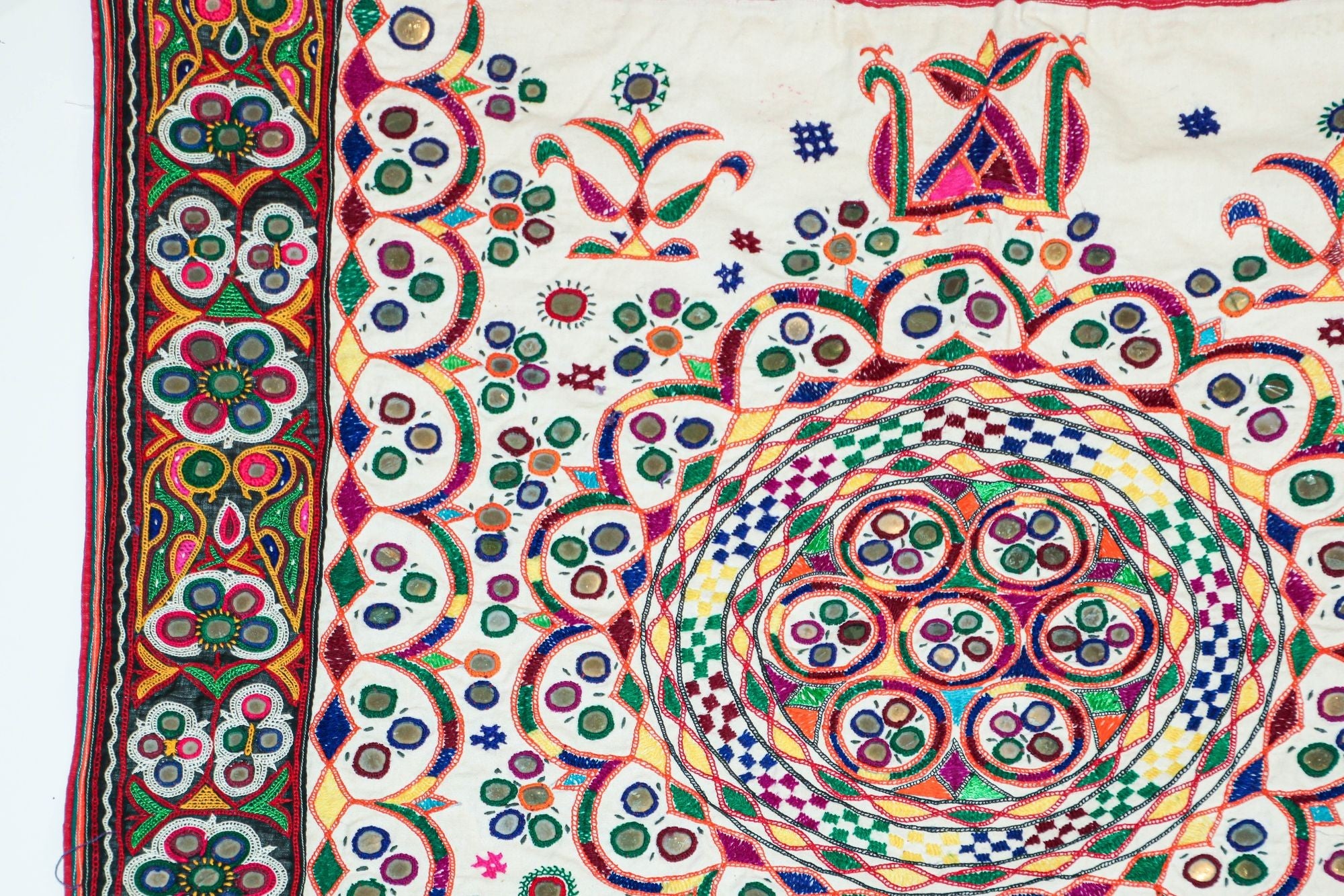 1920's Indian Gujarati Rabari Kutch Silk Embroidered Ethnic Textile with Mirror