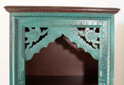 Hand-Carved Arch Bookshelf Wooden Cabinet in Rustic Blue