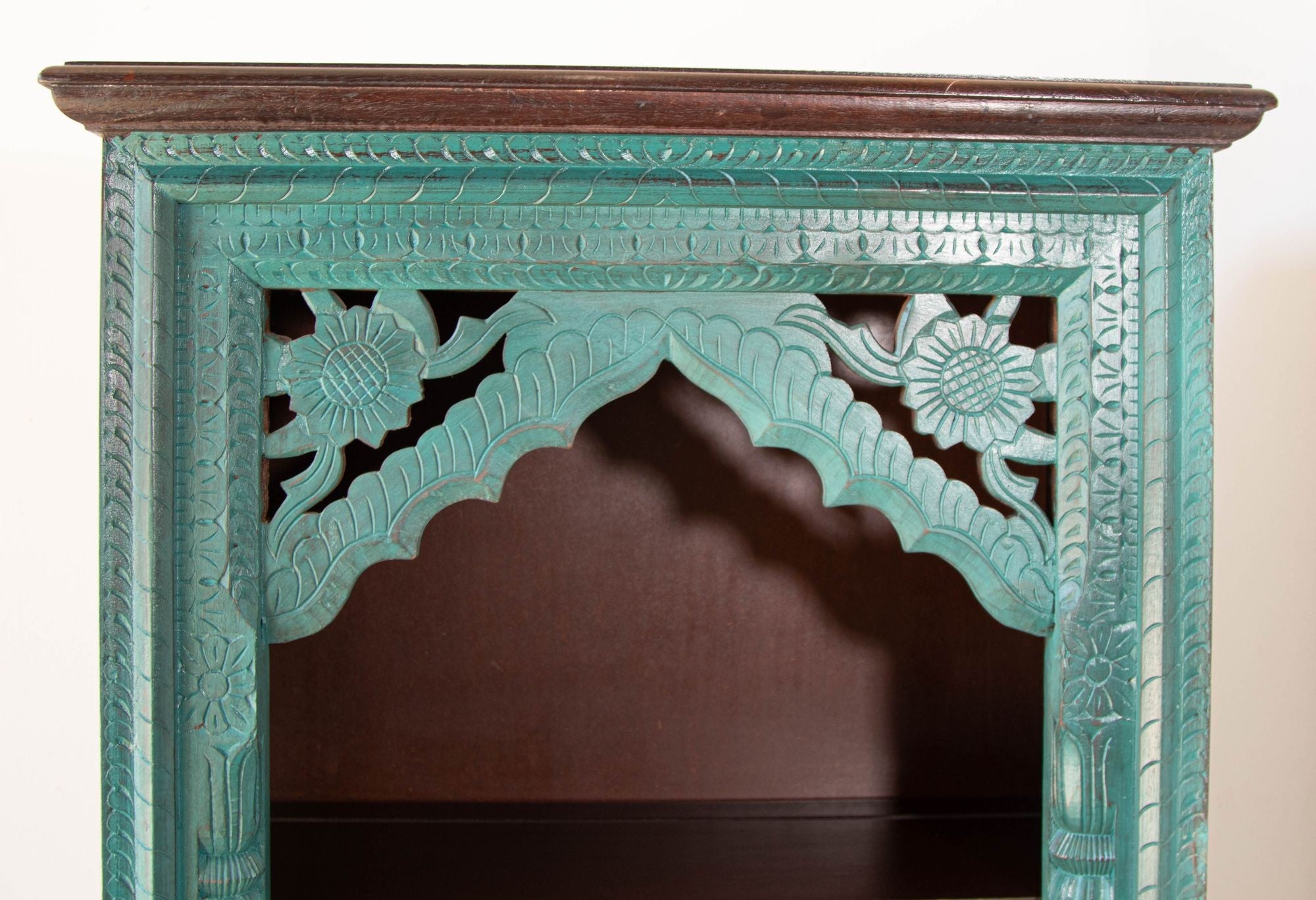 Hand-Carved Arch Bookshelf Wooden Cabinet in Rustic Blue