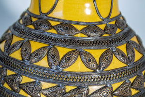 Antique Moroccan Ceramic Vase Bright Yellow with Metal Moorish Filigree overlaid