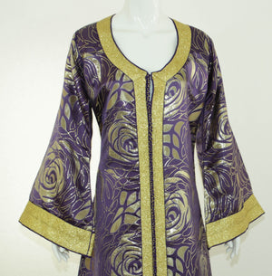 Moroccan Caftan Purple and Gold Damask Embroidered Vintage Kaftan 1960s