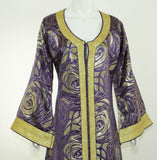 Moroccan Caftan Purple and Gold Damask Embroidered Vintage Kaftan 1960