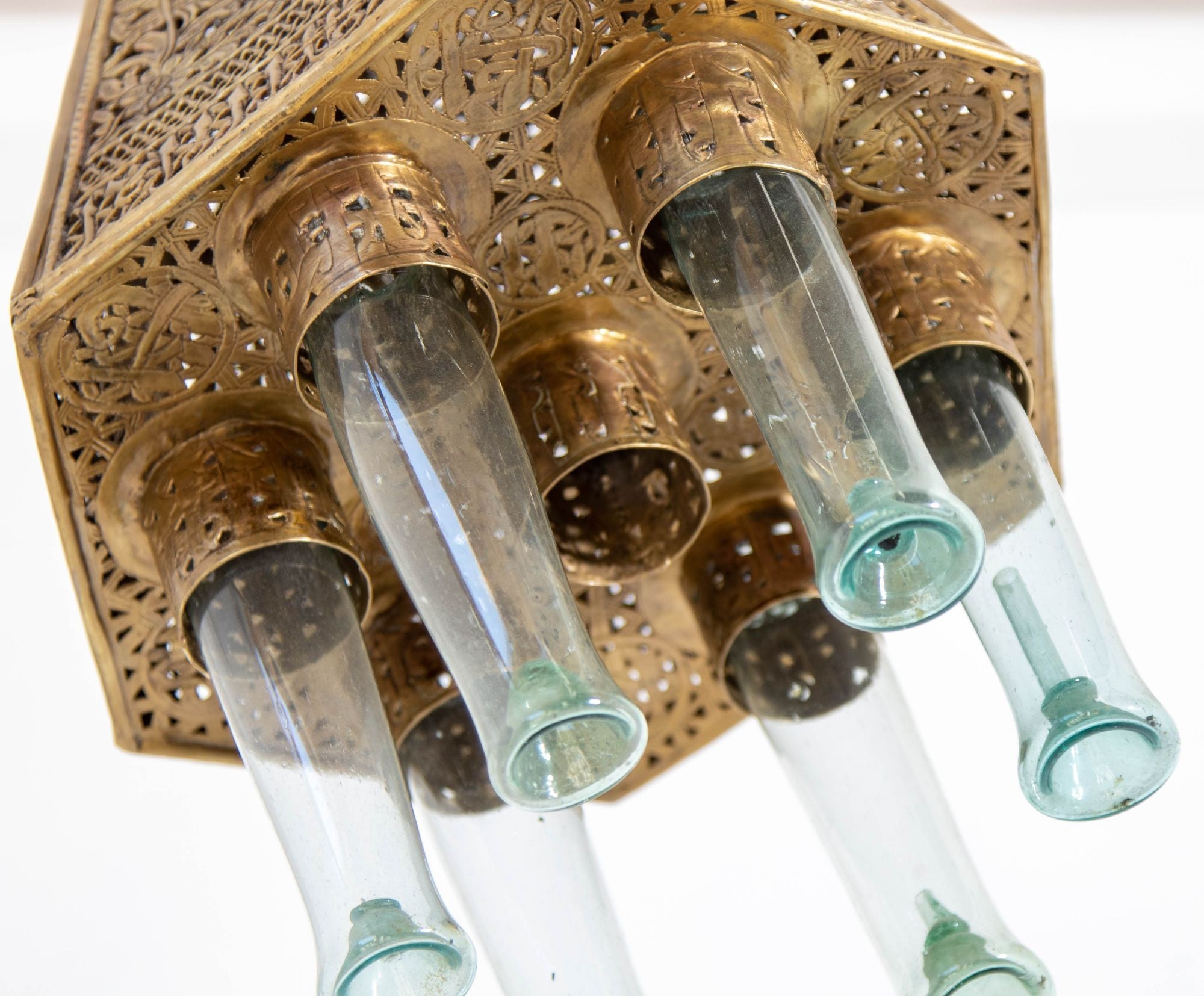 Antique Mamluk Turkish Pierced Brass Hanging Hexagonal Pendant Light Fixture