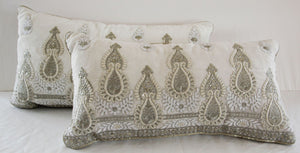 White and Silver Embroidered Mughal Style Throw Pillow
