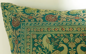Emerald Green Exotic Silk Throw Pillow with Elephants and Peacocks India