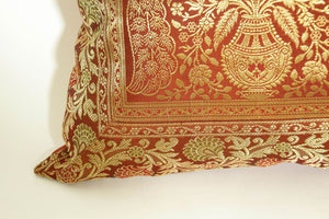Red Silk Throw Pillow with Elephants and Peacocks India