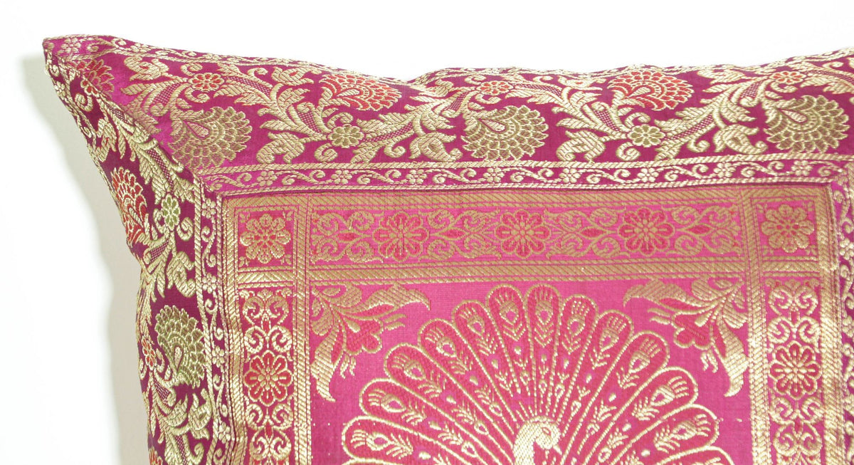 Hot Pink Silk Brocade Throw Pillow, Peacock Design, Indian Art, 1980