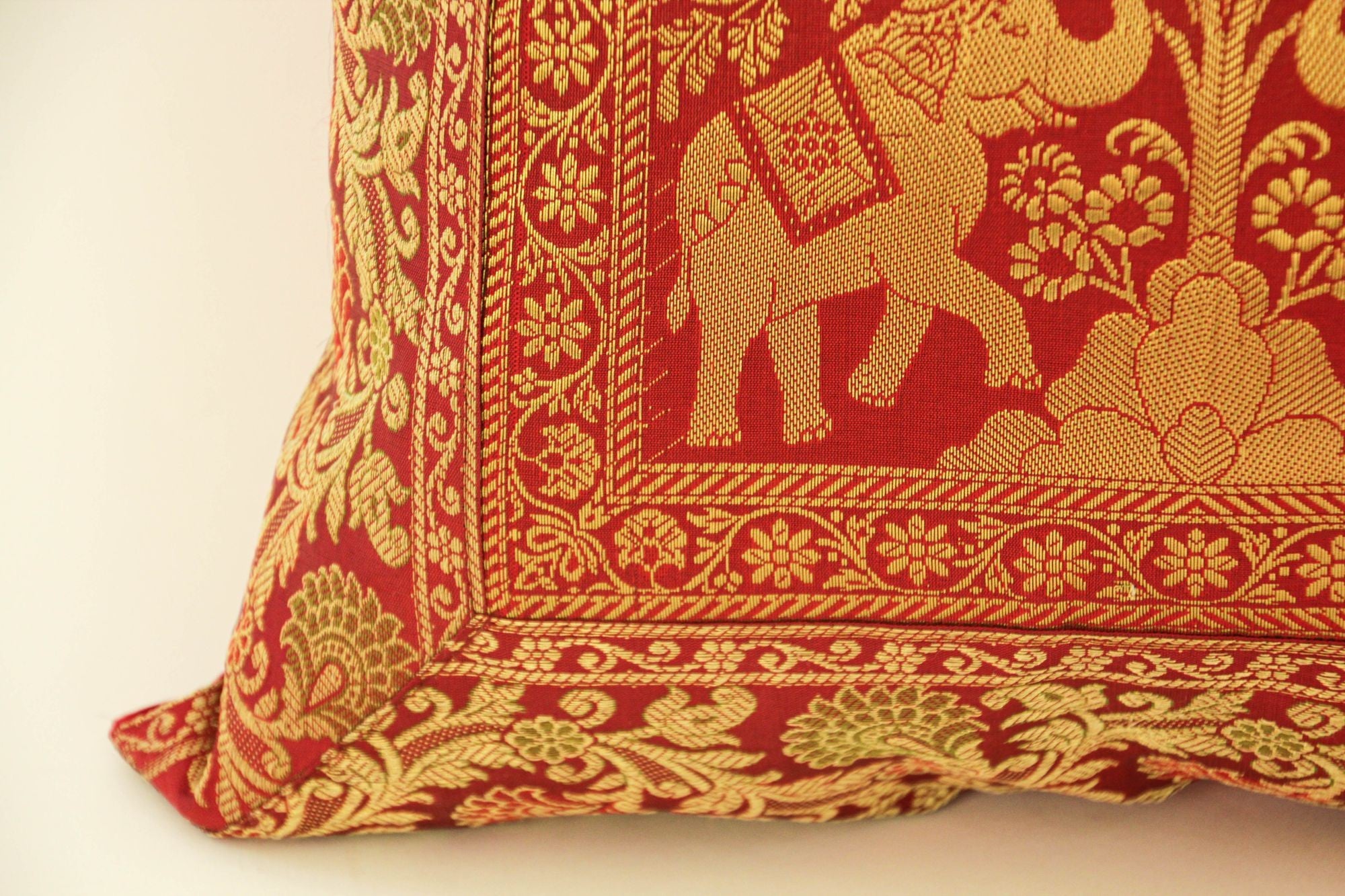 Decorative Silk Throw Pillow with Elephants and Peacocks India