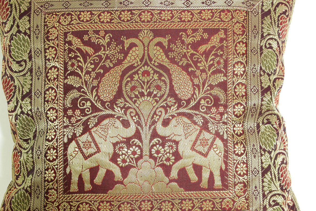 Silk Throw Pillow with Elephants and Peacocks India