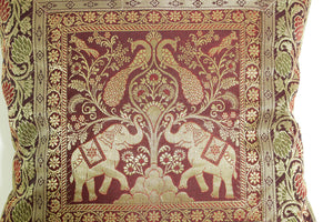 Silk Throw Pillow with Elephants and Peacocks India
