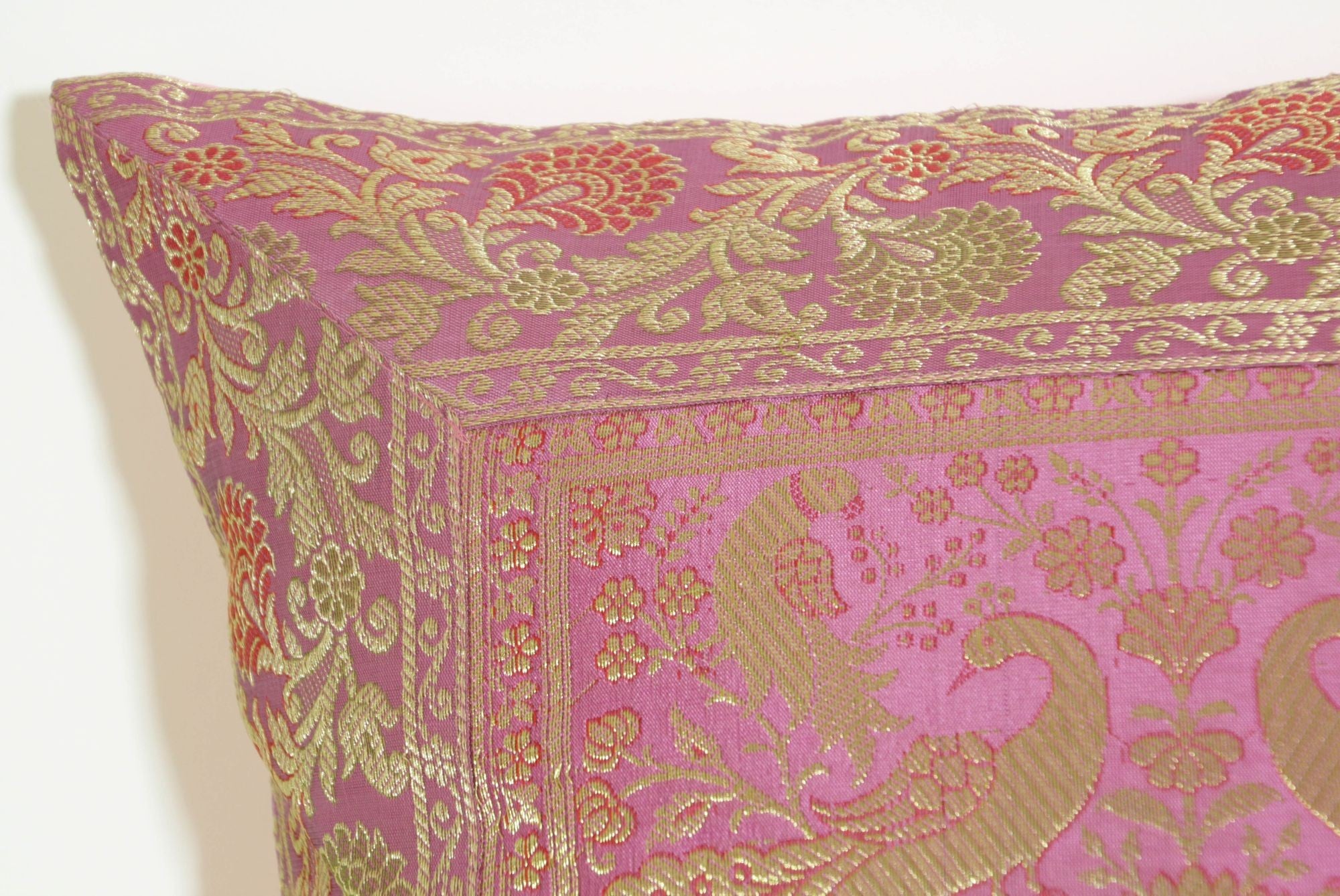 Silk Pink Throw Pillow with Elephants and Peacocks India