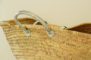 French Moroccan Straw Basket Tote Bag with Piped Leather Handles